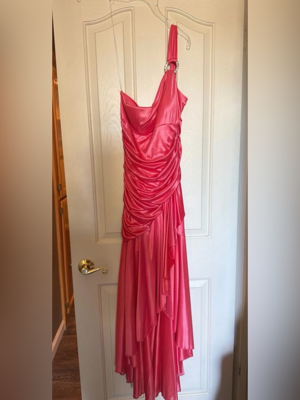 City Studios One-Shoulder Pink Satin Draped Gown
